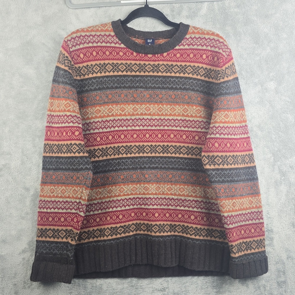 Gap Sweater Mens Medium Lambs Wool Nordic Ski Heavyweight Diamond Crewneck